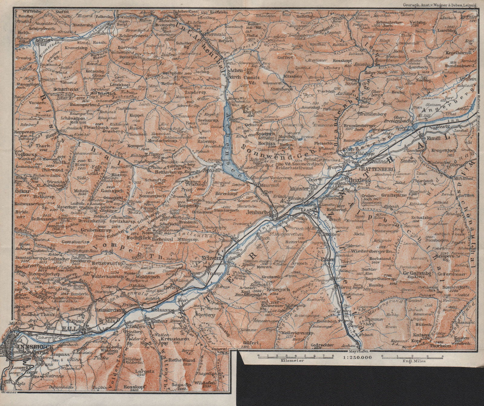 Tiroler Unterland. Unterinntal. Inn valley. Innsbruck Tyrol Jenbach 1923 map